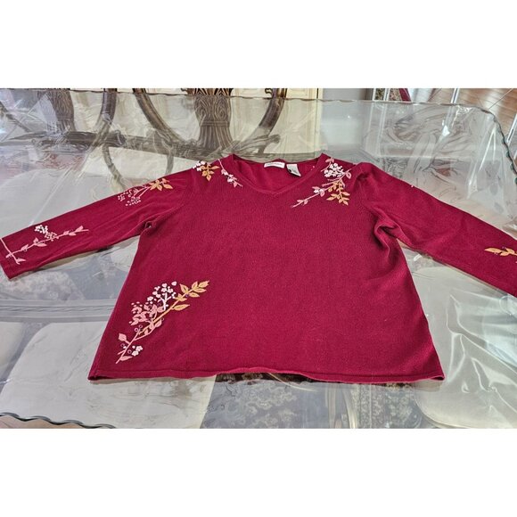Laura Ashley Womens Burgundy Floral Embroidered V-Neck Sweater L Romantic Boho - Picture 3 of 12
